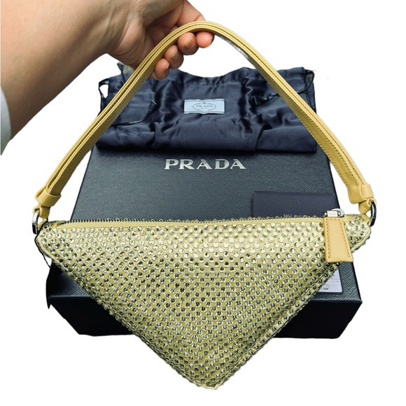 PRADA***Gold Crystal Pineapple Yellow Satin Triangle Bag***$2600 NWB - Picture 6 of 13